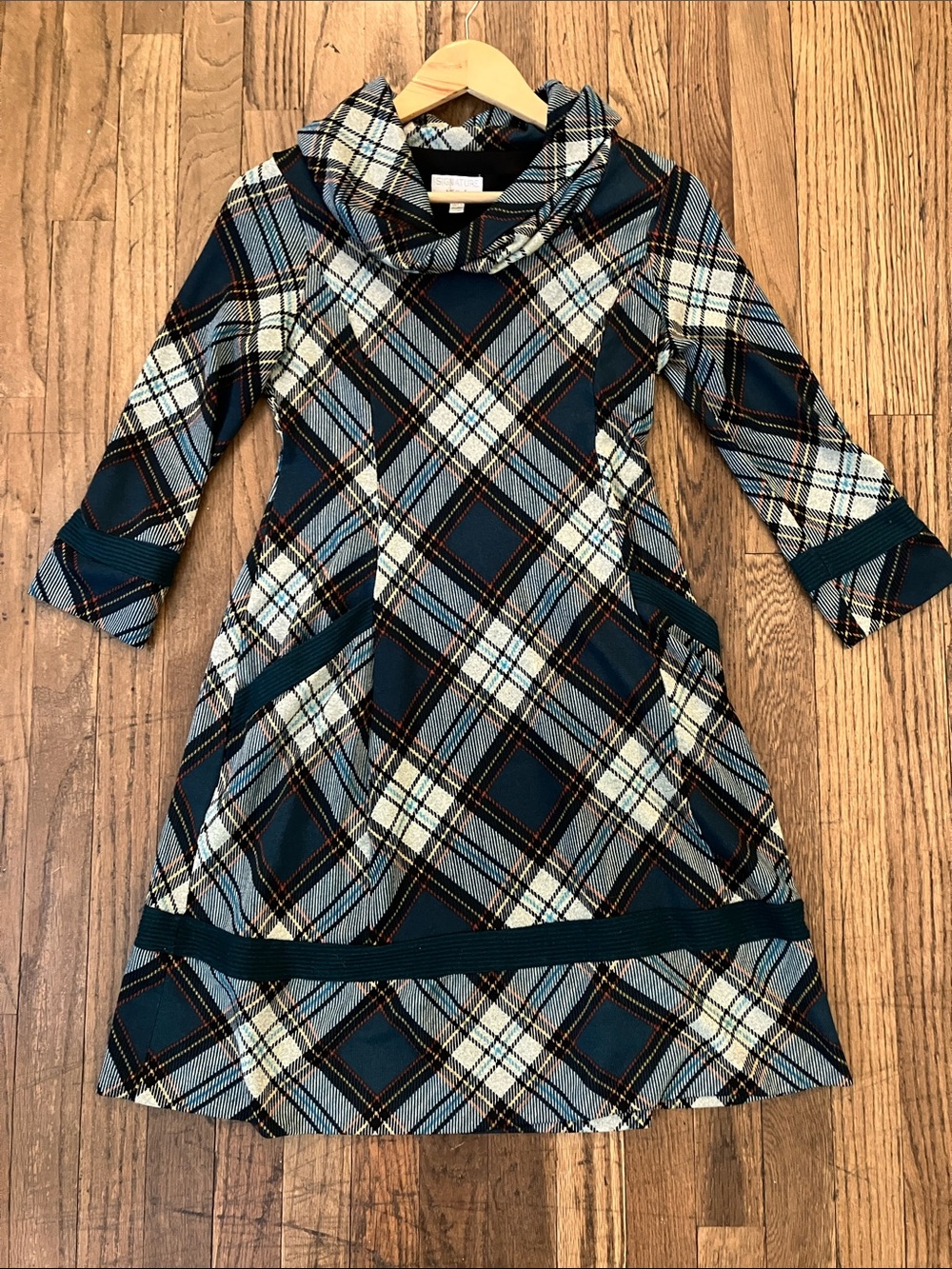 Robbie Bee Teal and Navy Plaid A-Line Dress with Cowl Neck